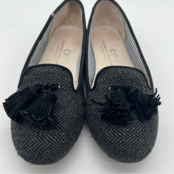 Charles Philip Shanghai Leather Tweed Herringbone Flats Black Tassel Size 7.5 - Picture 3 of 11